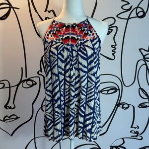 Live in Love Lucky Brand. Chic Boho Geometric Halter Top with Red Highlights.